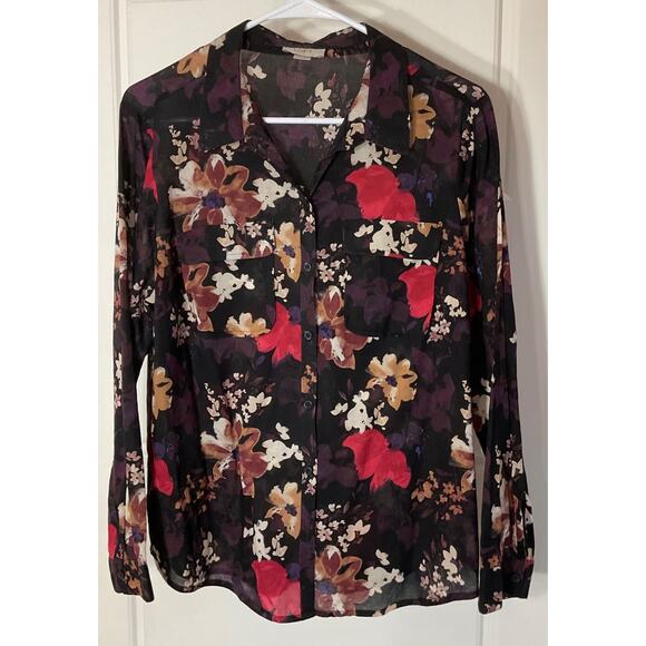 Loft Black Floral Long Sleeve Lightweight Collared Button Front Blouse Petite L - Picture 1 of 6
